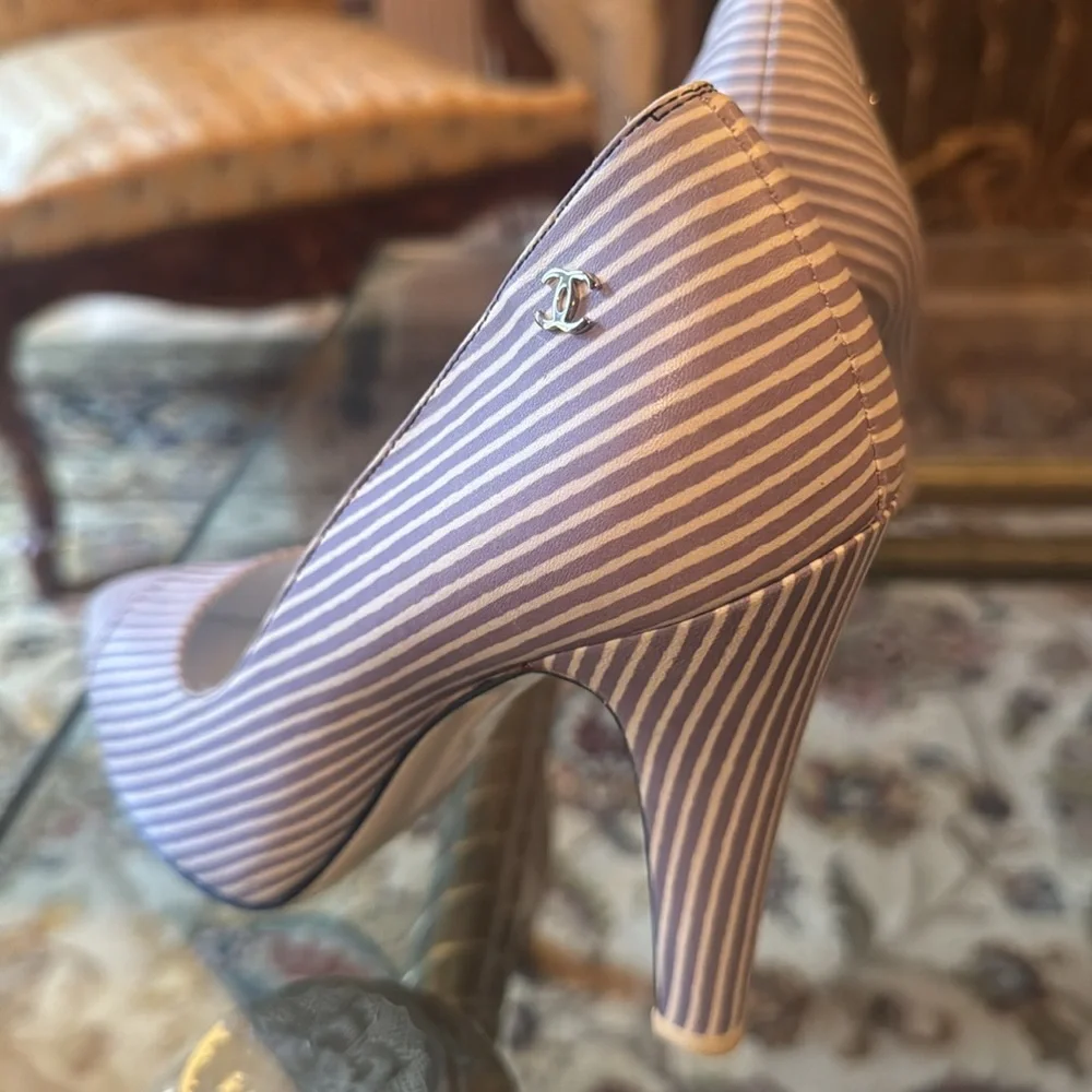 CHANEL blue and White Striped 5” Heels